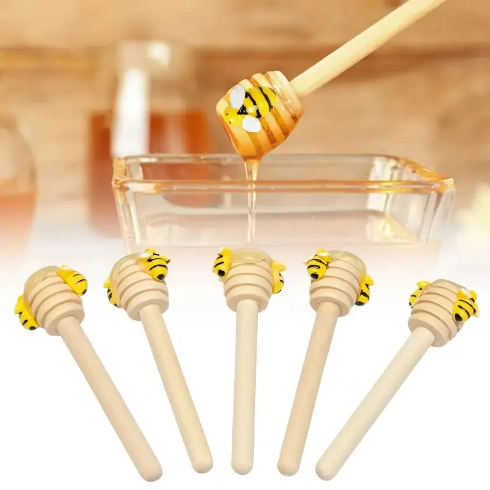 10Pcs 9cm Honey Dipper Set Cute Wooden Honey Stirring Rod Honey Mini Bee Pot Spoon Honey Collection Distribution Dipping Stick