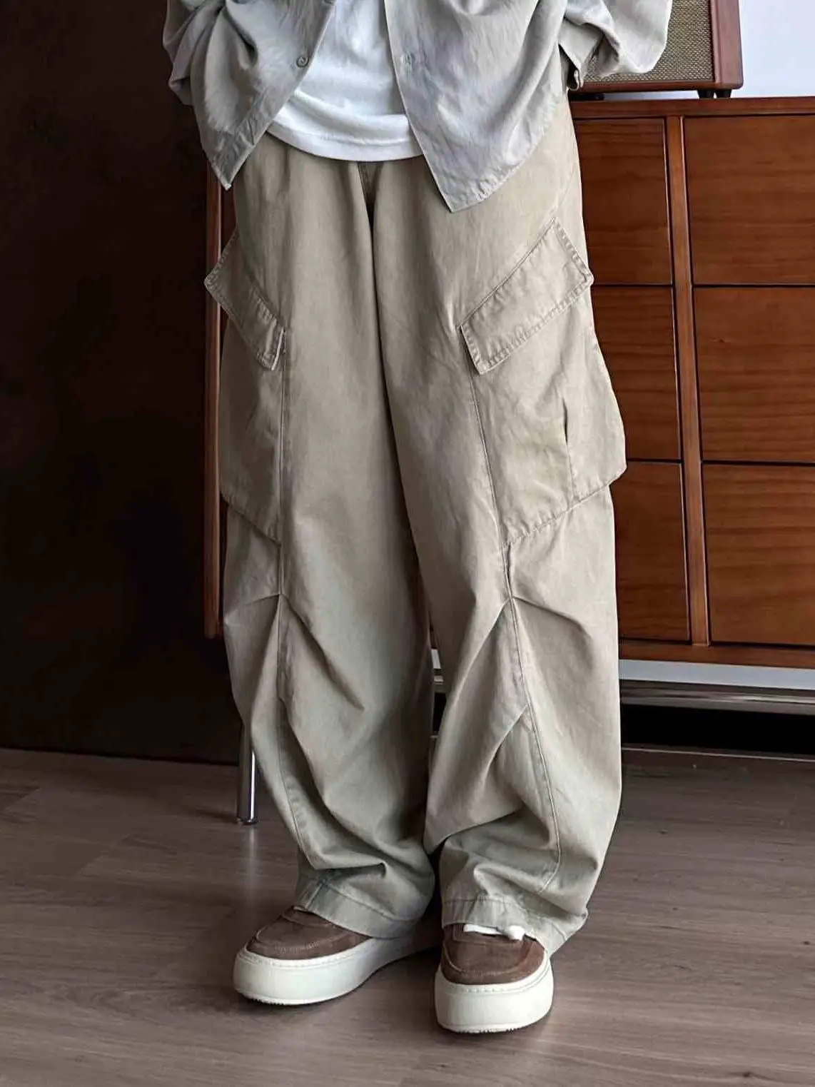 

Retro Waed Loose Multi-ket Work Pants Men's Casual Drapey Wide Leg Pleated Trousers Youthful Spring Autumn Winter Faion