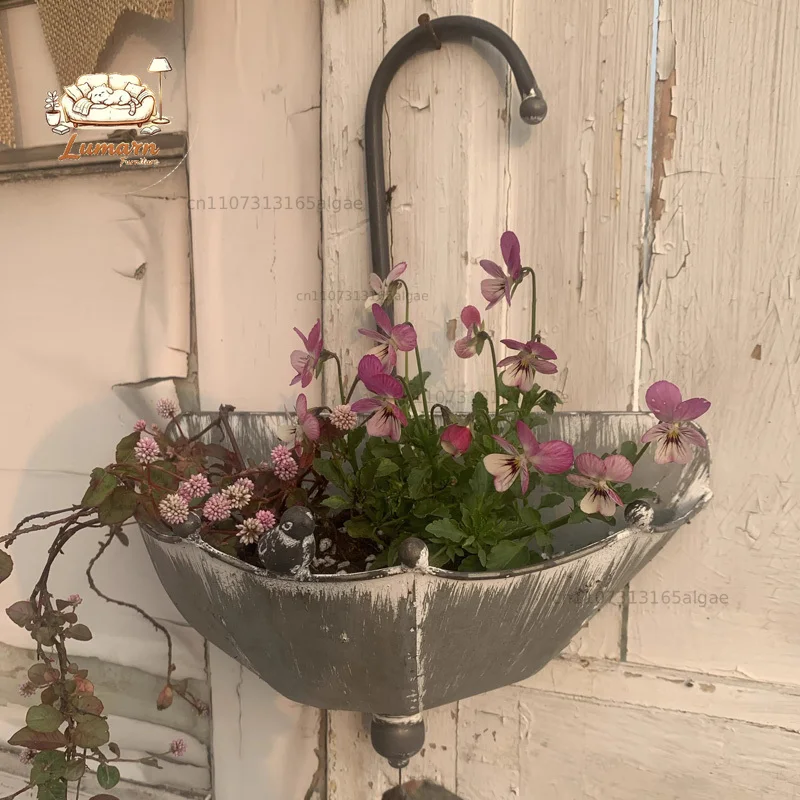 Vintage Gray Handcrafted Wall Hanging Pot Flower Holder,Umbrella Design, Bird Adorned