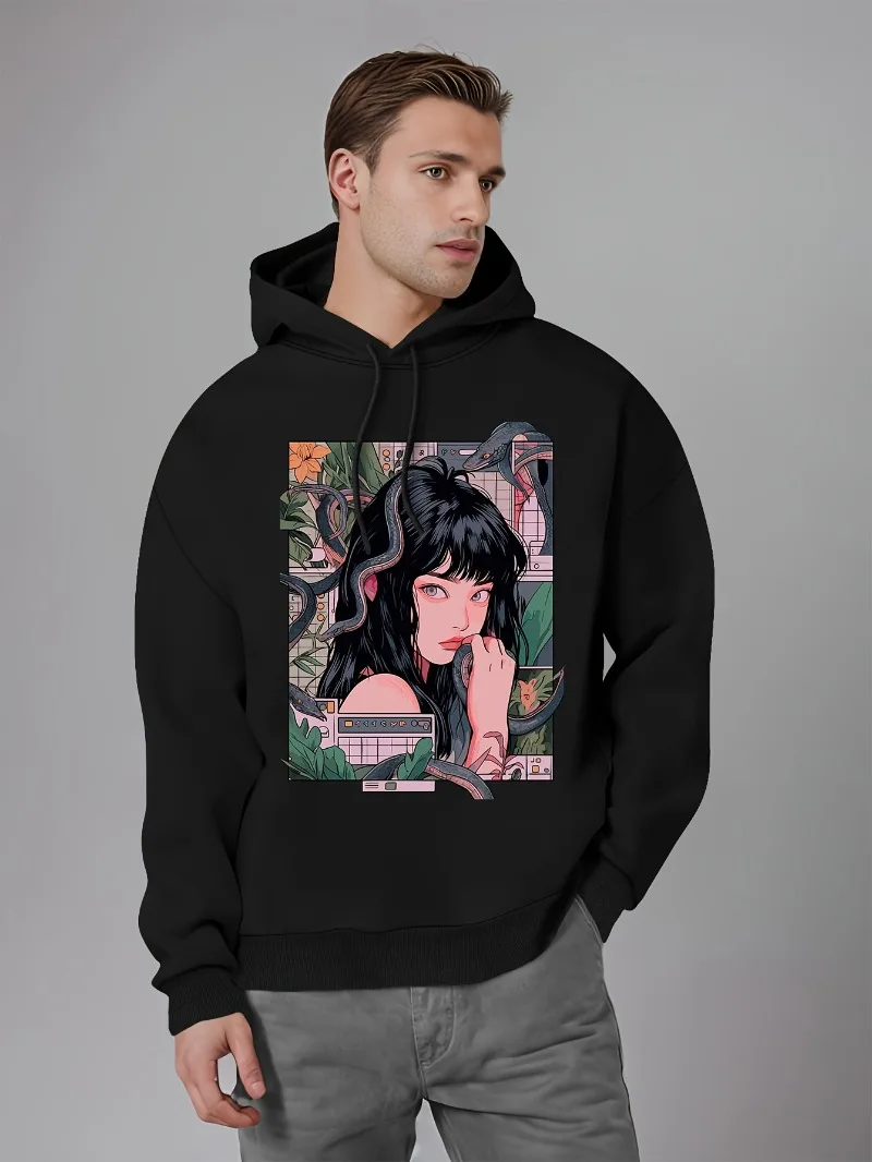 

Men Casual Hoodies Kawaii Print Autumn Winter Loose Tops Fashion Cartoon Versatile Comfortable Male Sweatshirts Pocket Clothing