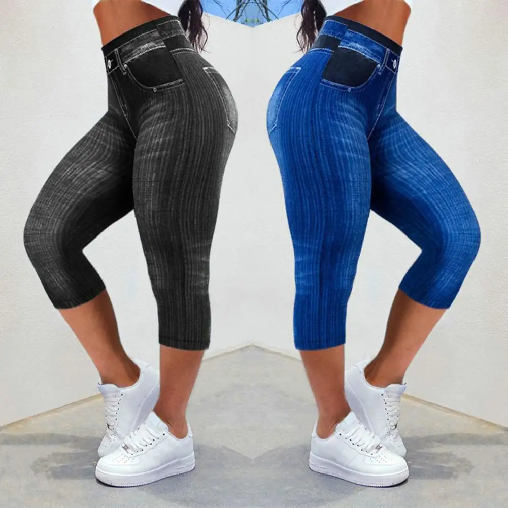 

Women Summer Cropped Pants Stretch Fitness Fake Pockets High Waist Butt-lifted Faux Denim Jeans Soft Casual Thin Pencil Pants