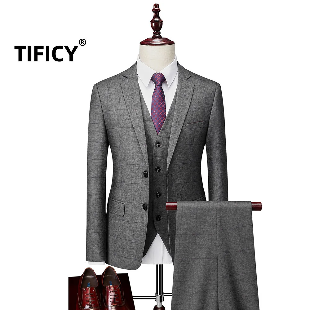 

Asia Size Blazers +vest +pants 3pcs Set Autumn New Men's Business Checkered Casual Suit, Slim Fit Wedding Groom Suit Set