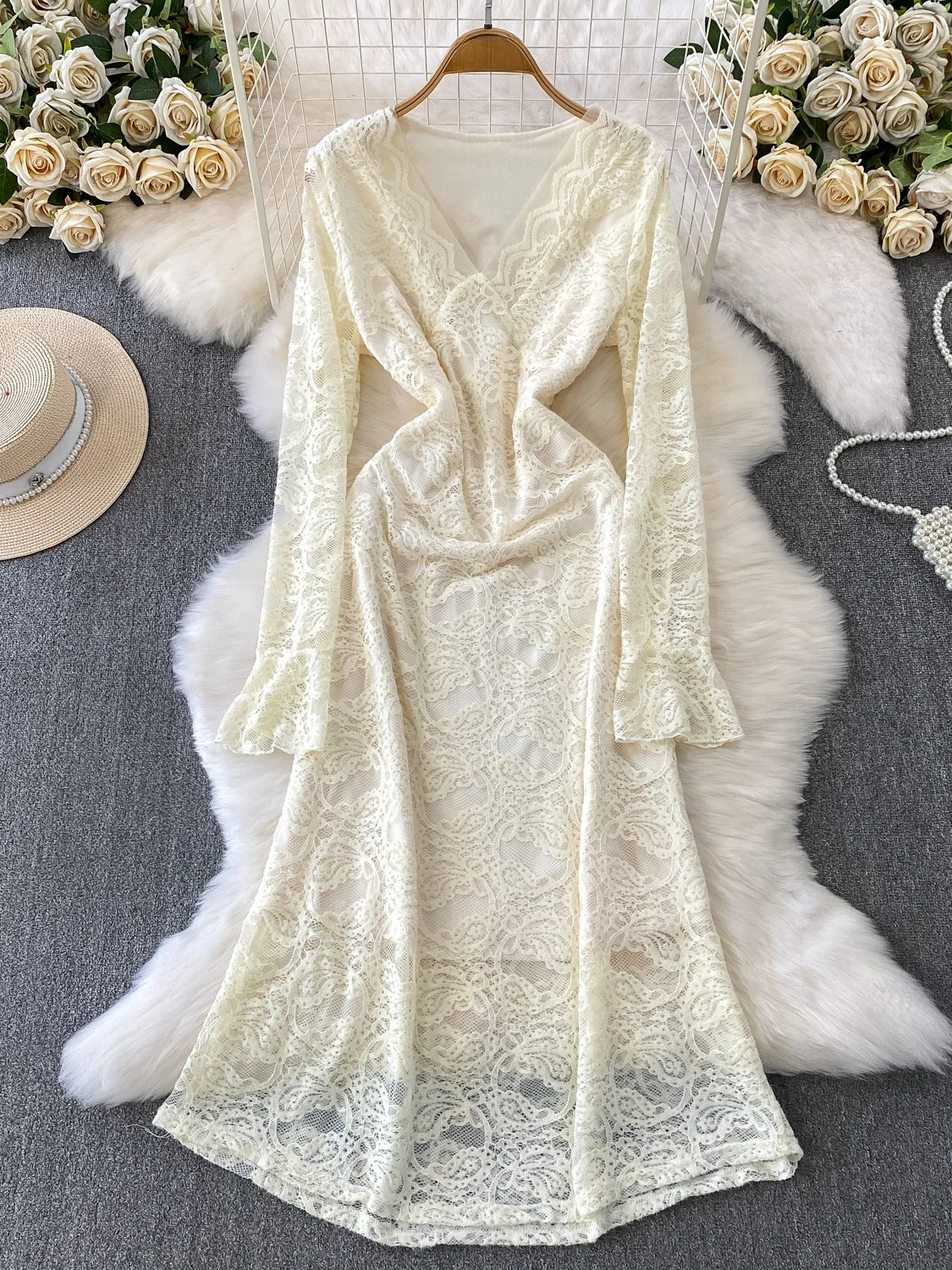 Ele V-ne Bell Sve Dr Falda larga acampanada de viaje Ci de una sola pieza con encaje de terciopelo de alta gama para mujer