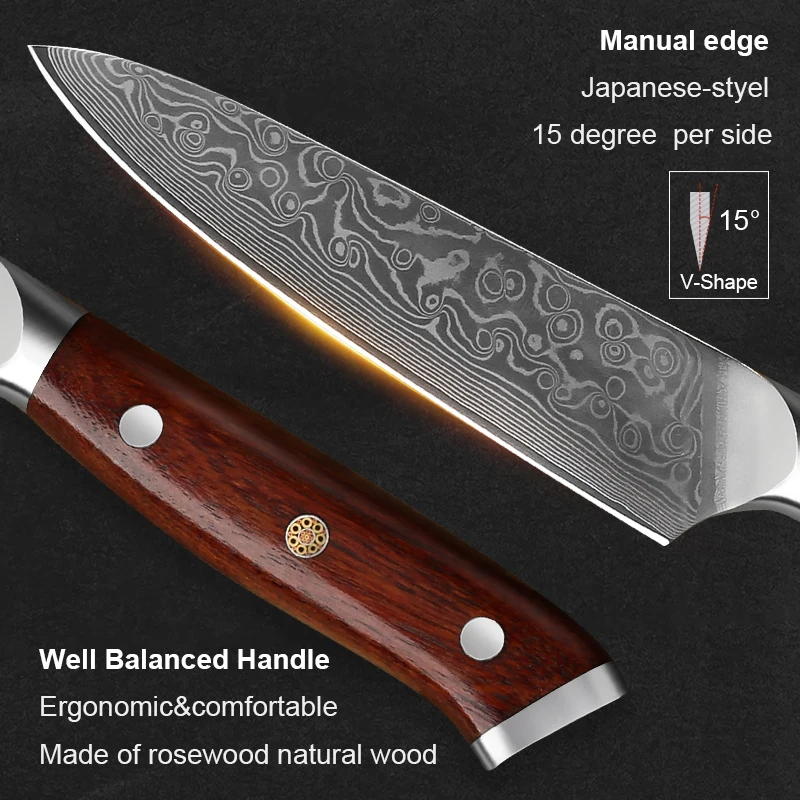 1/2pcs Professional Kitchen Knife Set Damascus Premium Steel Utility Knife Multi-Purpose Kitchen Chef Fruit Knife Rosewood Handl