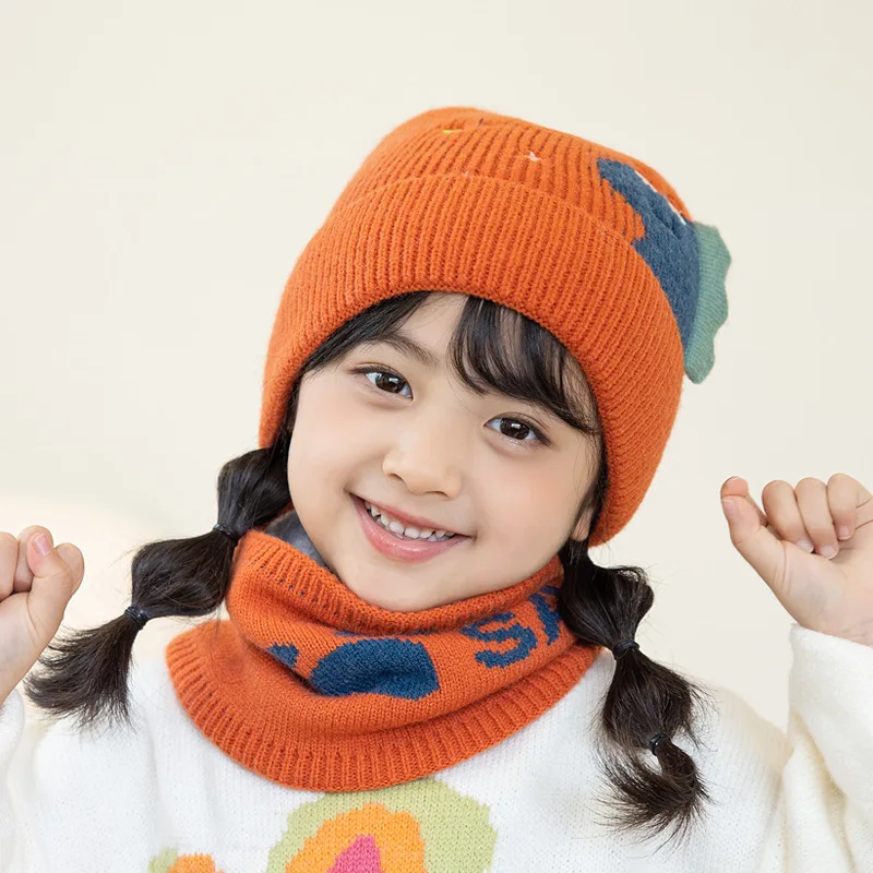 Winter Kids Hat Neck Bib Set Thick Warm Knit Hat Cartoon Baby Boys and Girls Pullover Beanie