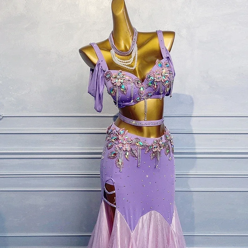 BellyDance Performance Set Customized High End Mirror Tassel Bra+Sexy Split Long Skirt 2pcs Oriental Dance Competition Costumes