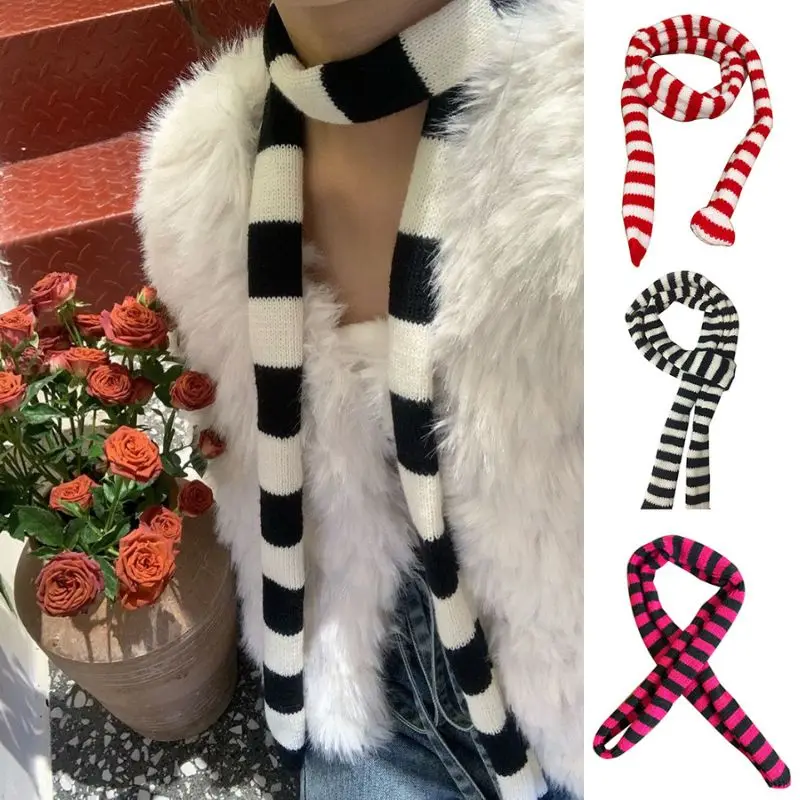 Y2K Punk Harajuku Style Black And White Striped Scarf Street Concave Knitted Slim Narrow Ribbon Casual Neckerchief Cool Scarf