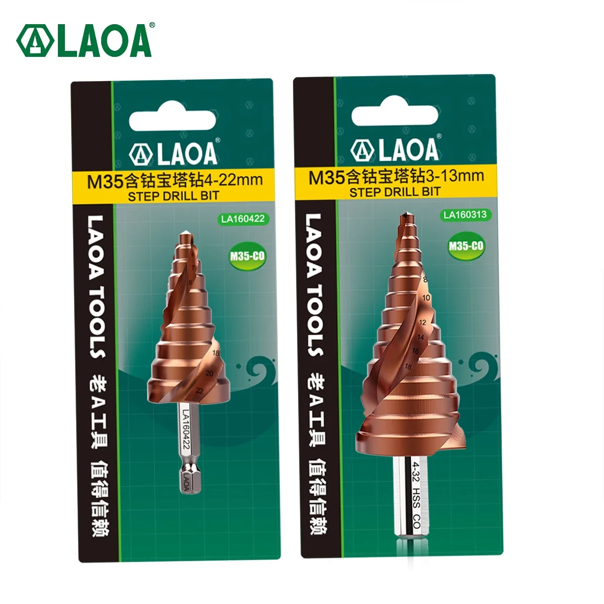 LAOA 1pc HSS-CO M35 Pagoda Step Drill Bit 3-13mm 4-22mm 4-32mm Hex Triangle Spiral Grooved Wood Metal Hole Cutter Drilling Tools