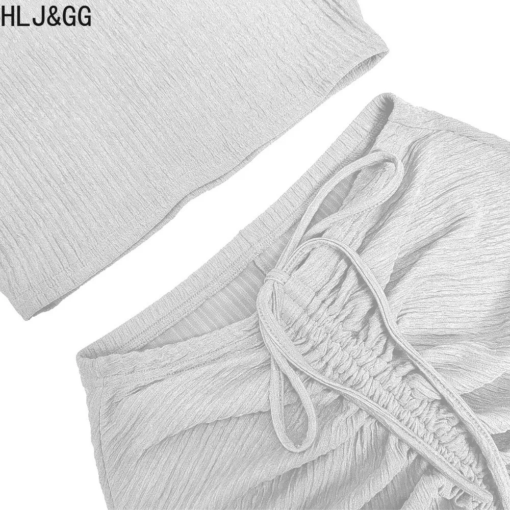 HLJ&GG Sexy Solid Color Ruched Drawstring Skinny Skirts Two Piece Sets Women Round Neck Short Sleeve Crop Top And Skirts Outfits