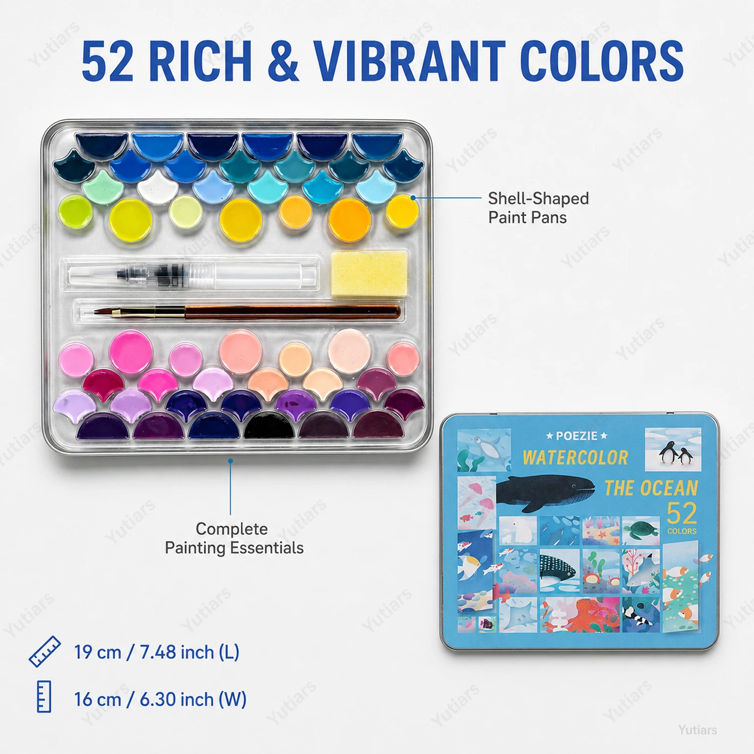 52 Color Shell-Shaped Watercolor Paint Set with Portable Metal Tin, Water Brush and Sponge for Artists, Painting and Travel