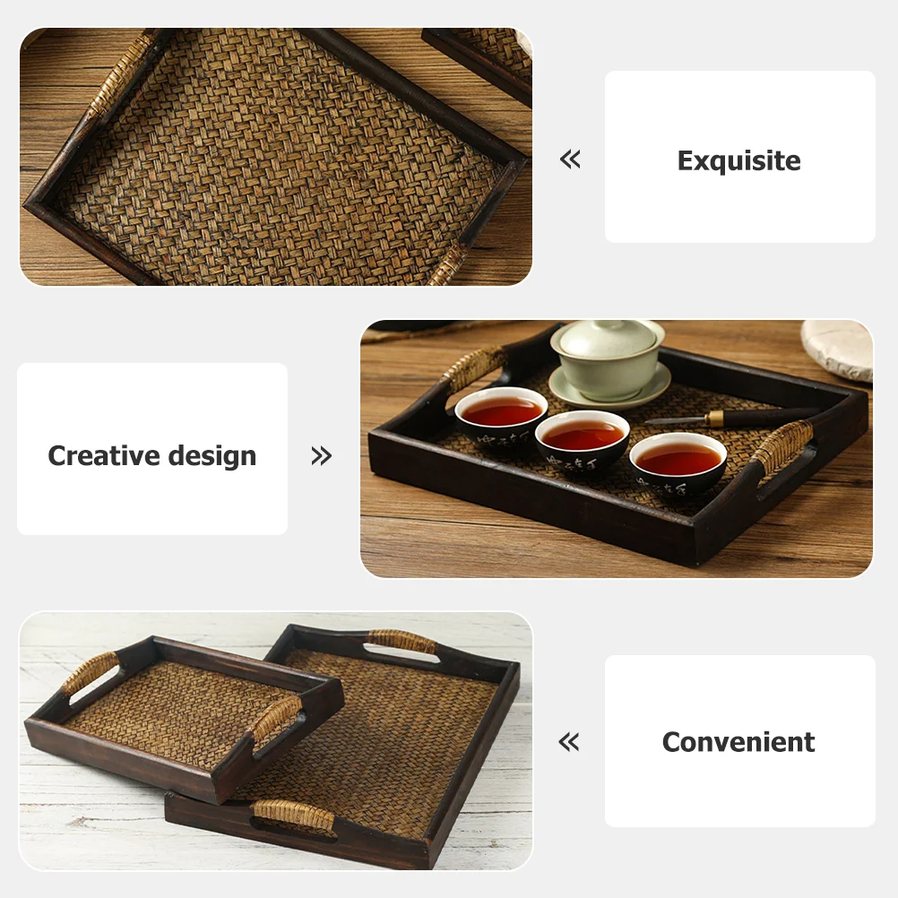 Thai Rattan Tray Breakfast Storage Plate Fruit Serving Rectangular Food Restaurant Water Cup Tea Party Holder Wooden Footstool