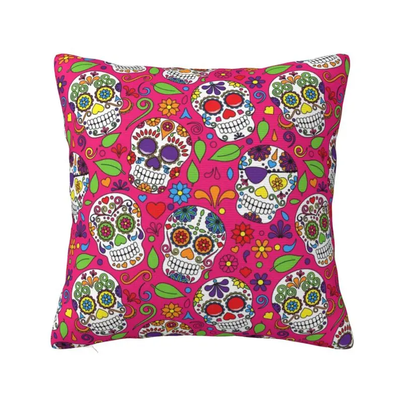 

Modern Colorful Sugar Skull Flower Pink Pattern Cushion Cover Soft Day of the Dead Catholic Pillow Case Home Decor