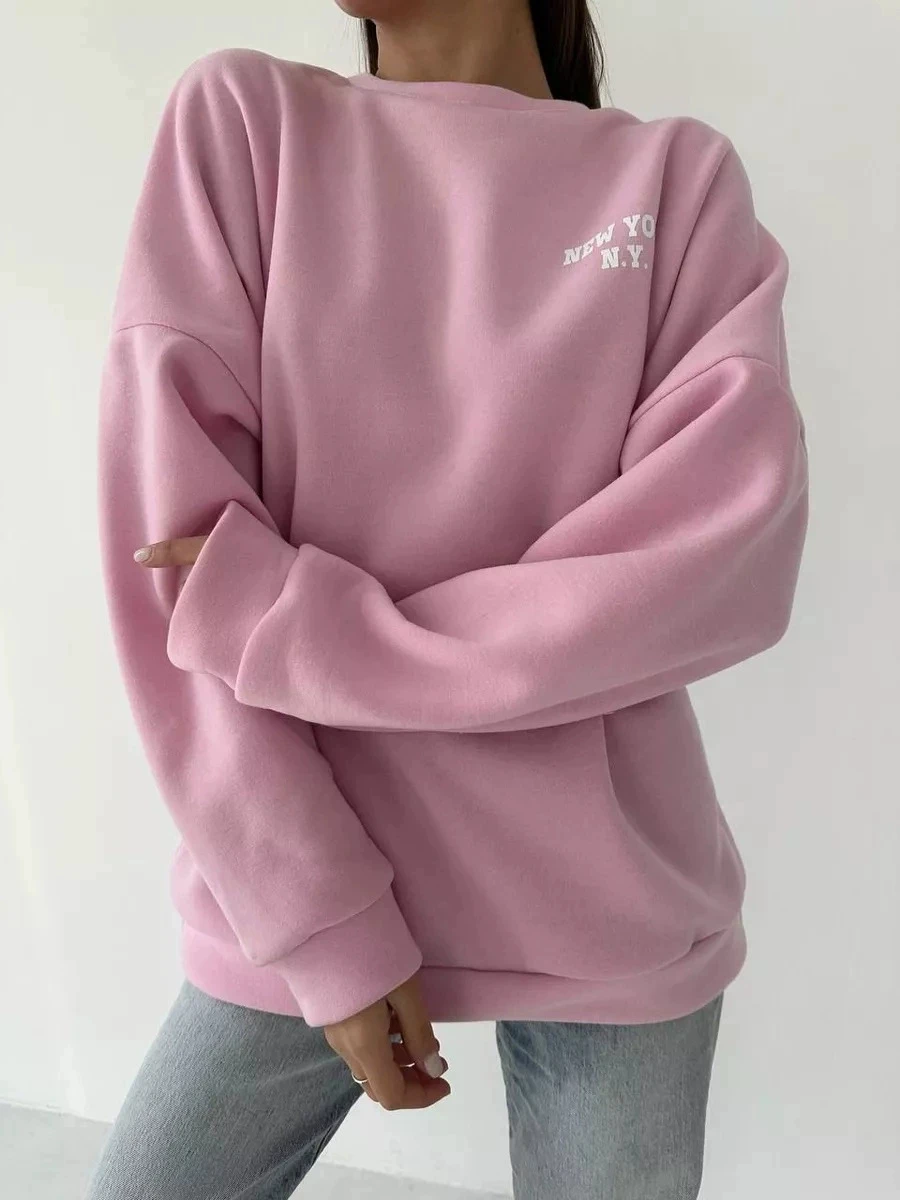 Faionable Allentato Lungo Sve round Ne Felpa stampata Casual Comodo Pendolarismo Sle Top da donna rotondo Ne Sweatshirt