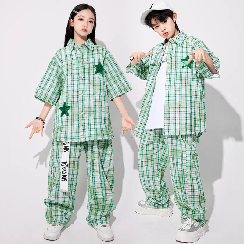 Jungen Hip Hop Grün Kariertes Hemd Street Dance Hosen Mädchen Süße K-pop Bluse Kinder Streetwear Kid Jazz Kostüm Kleidung set