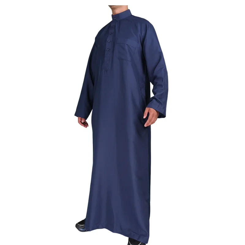 Jubba Thobe masculino para muçulmanos, abaya islâmica, Turquia Djellaba, kaftan monocromático, azul marinho, jellaba de poliéster, preço barato, Eid Ramadan, homem