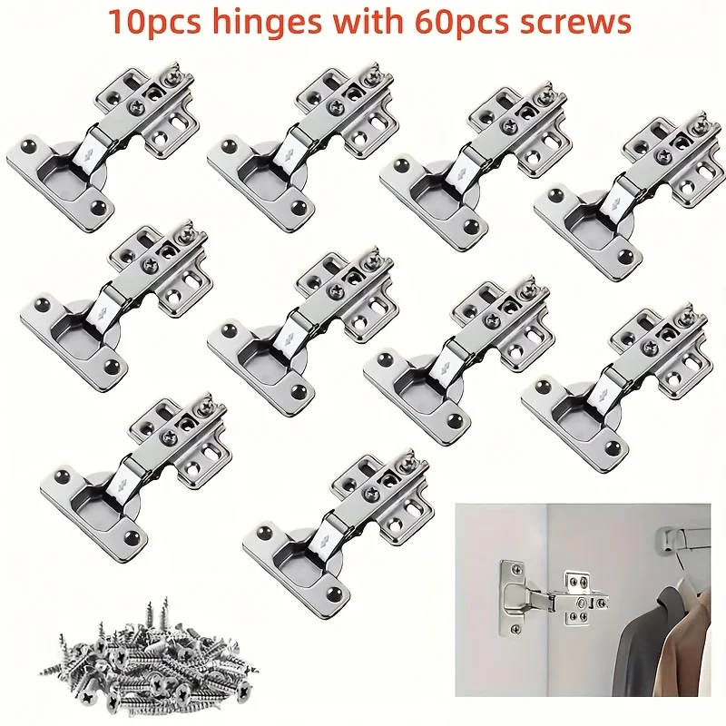 10 Pcs Full Overlay Cabinet Hinge Set with 60 Screws,Heavy Duty Metal Pivot Hinges for Kitchen Cabinets,Wardrobe&Furniture Doors