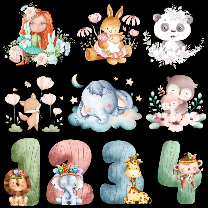 

Cartoon Animal Rabbit Cloud Hippo Flower Girl Iron On Transfer Patches for Clothing DIY T-shirt on Jackets Bags Socks Pillow