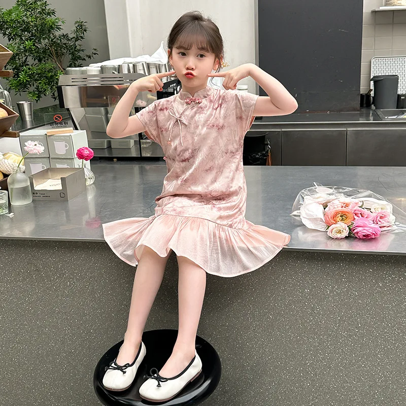 

Girls Hanfu Dress New Chinese Children's Qipao Princess Summer 2024 Super Immortal Thin Style Fishtail Skirt Printing Cheongsam