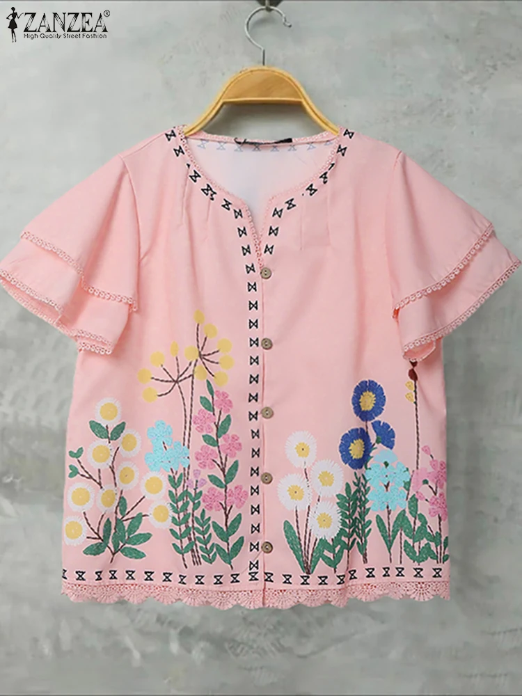 

ZANZEA винтажная рубашка с принтом, женская блузка, мода 2025 года, туника с короткими рукавами и рюшами, топы, летние повседневные свободные Blusas Femme с v-образным вырезом