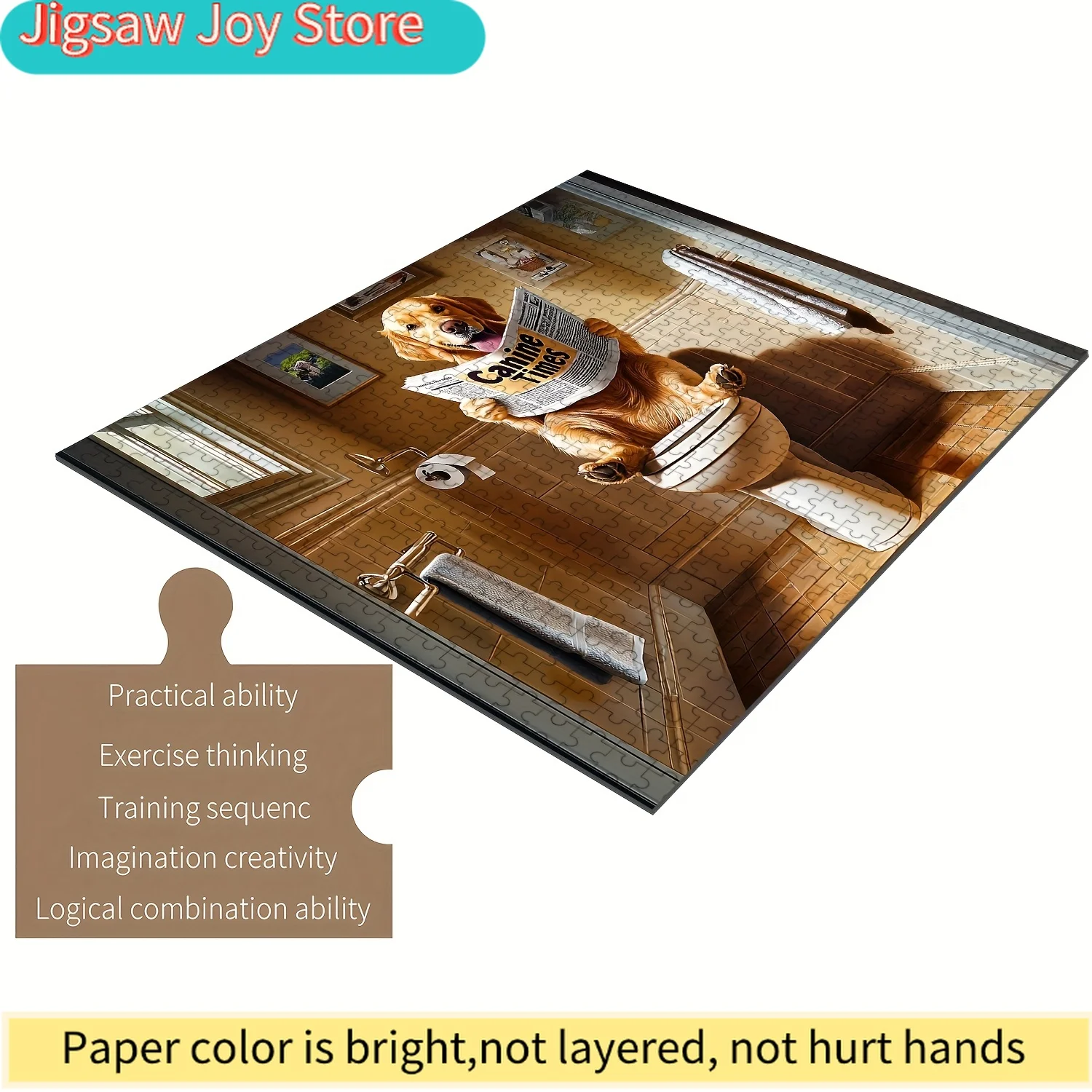 

Jigsaw Puzzle for & Families - Whimsical Golden Retriever Reading Newspaper in Bathroom Scene, Intermediate Challenge, Premiu
