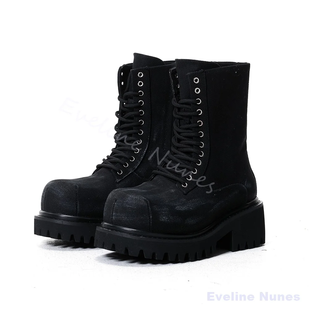 Black Canvas Platform Combat Boots Men Round Full Lace‑Up Chunky Anti-slip Ankle Boots Street Daily Halloween Live Show Shoes