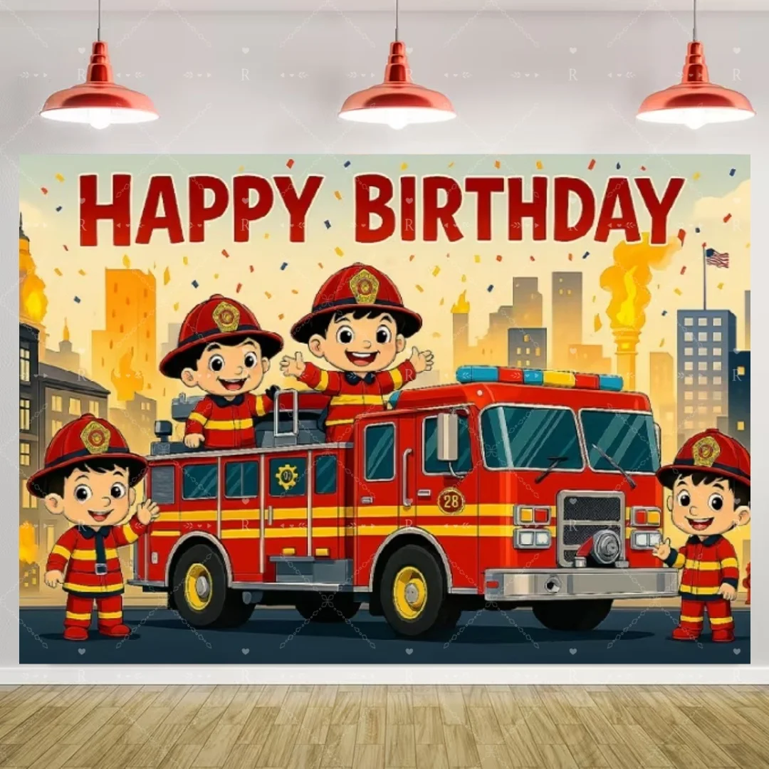 Cartoon Firetruck Firefighter Banner Children Birthday Party Decoration Background Red Fire Truck Boy Photography Backdrop Props