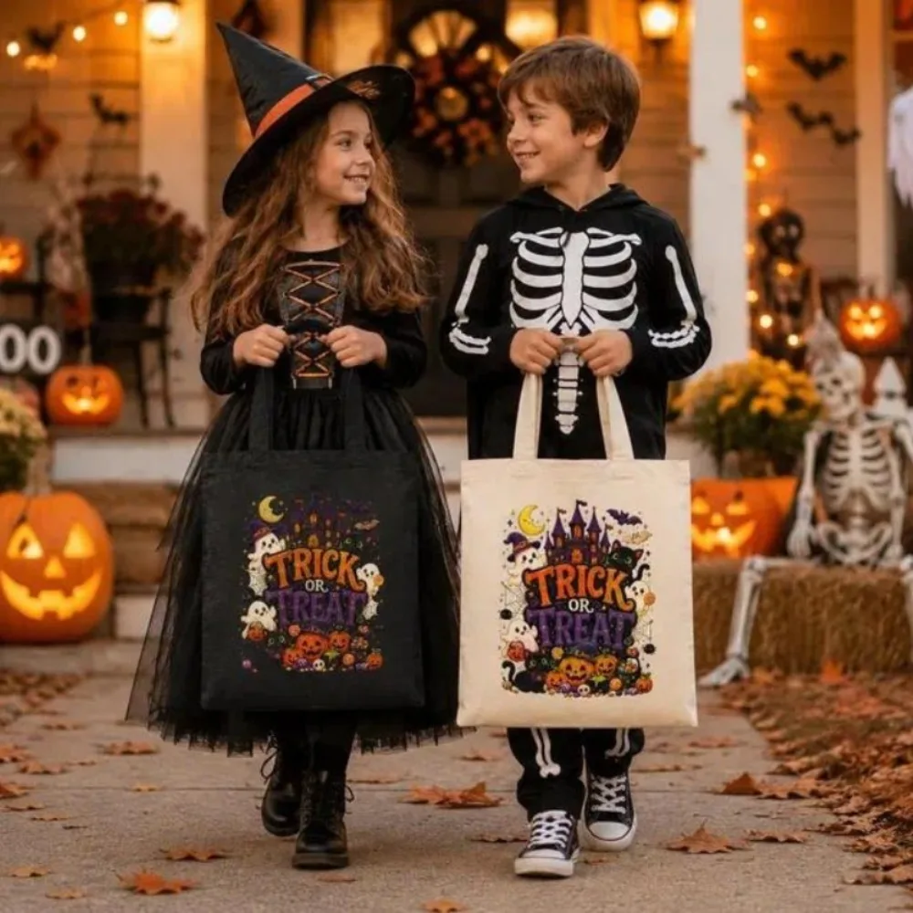 Halloween Tote Bag Trick or Treat Ghost Pumpkin Graphic Cute Spooky Season Reusable Shopping Bag Party Gift