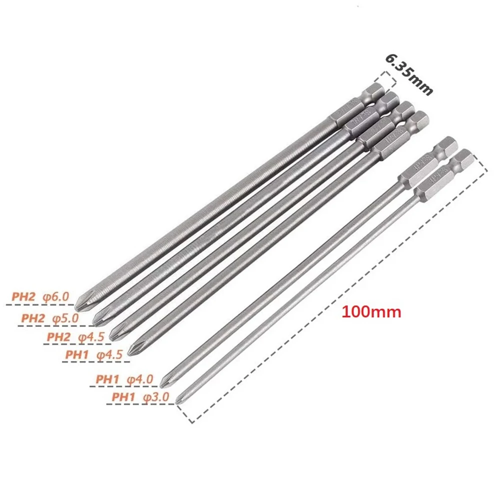 6pcs 100mm 1/4 Single Head Hexagonal Screwdriver Bits Alloy Steel Magnetic Bits PH1 PH2 For Small Large Electrical Appliances