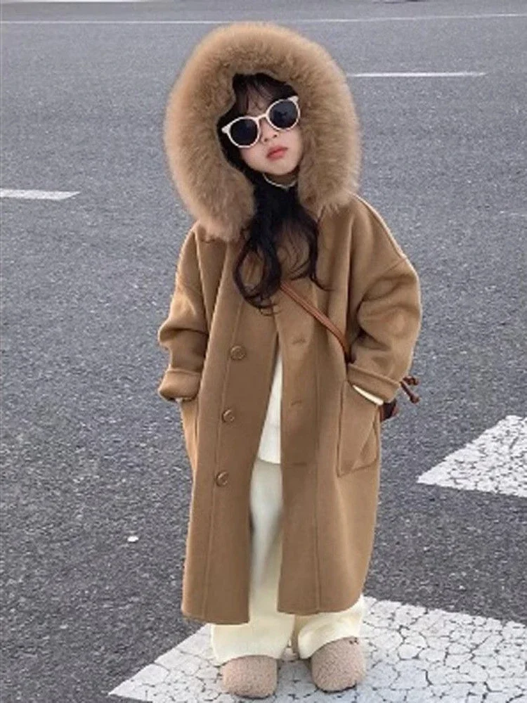 Wool Korean Girls Hooded Woolen Collar Soild Overcoat Autumn Spring New Fashionable Children Clothing Button Pocket