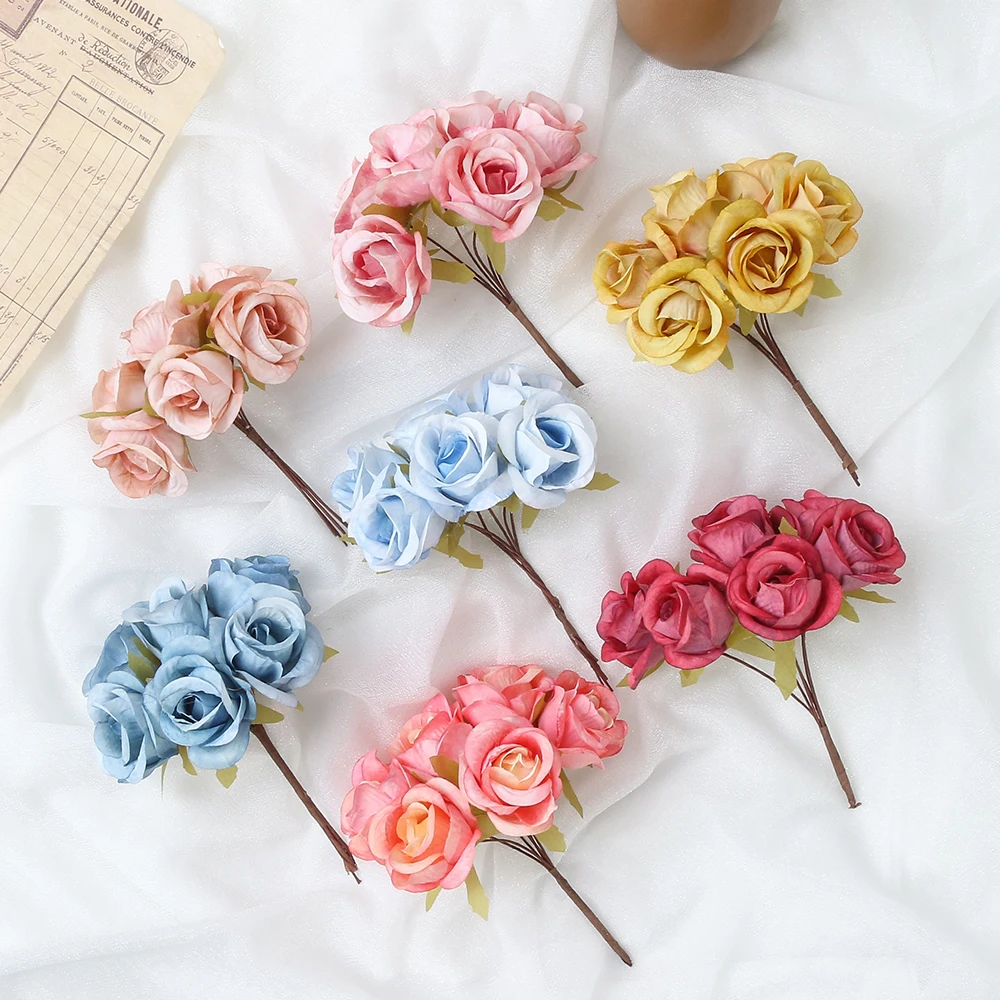 6Pcs 12.5cm Artificial Flowers Fake Rose Bouquet For Garland Accessories Home Living Room Ornamental Flowerpot Wedding Decor