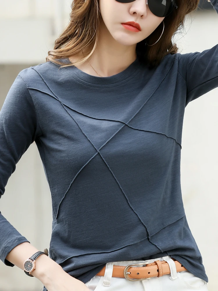 Zjaiss 2026 Elegante Lose Rippen Mode T-shirt Herbst Lange Hülse Frauen Oansatz Bambus Baumwolle T-Shirt Damen Einfache Tops