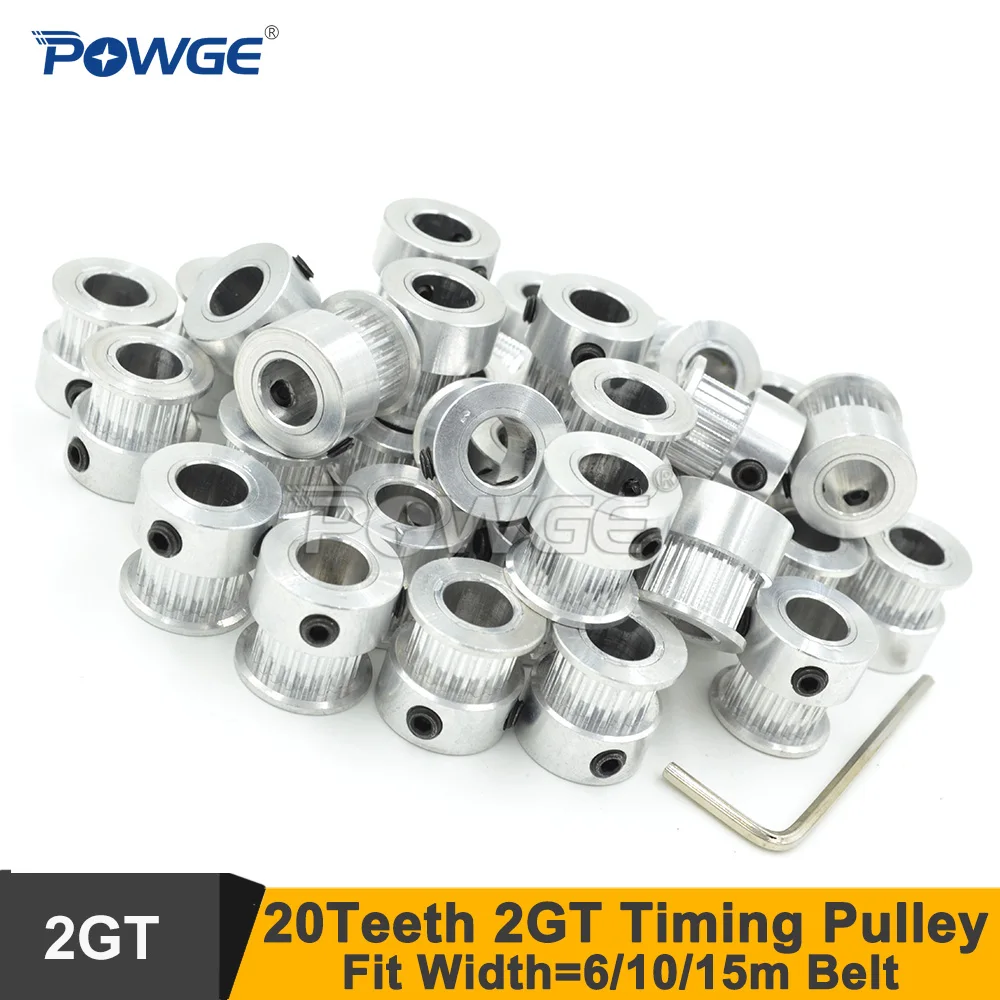 

POWGE 100pcs 20 Teeth 2GT Timing Pulley Bore 5/6/6.35/8mm Fit W=6/10/15mm 2MGT Synchronous Belt 20Teeth 20T GT2 G2M Timing Wheel