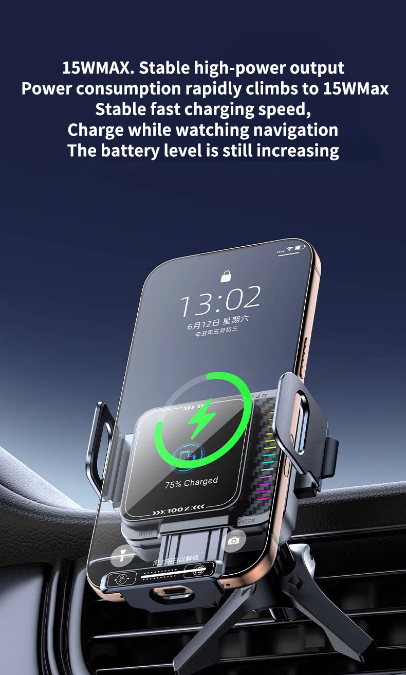 Mini Faltbarer Handy-Autohalter mit Kabelloser Ladestation und Doppelbildschirm, 90-Grad-Drehung, Automatische Querstellung für Fahrzeuge – Detail 6