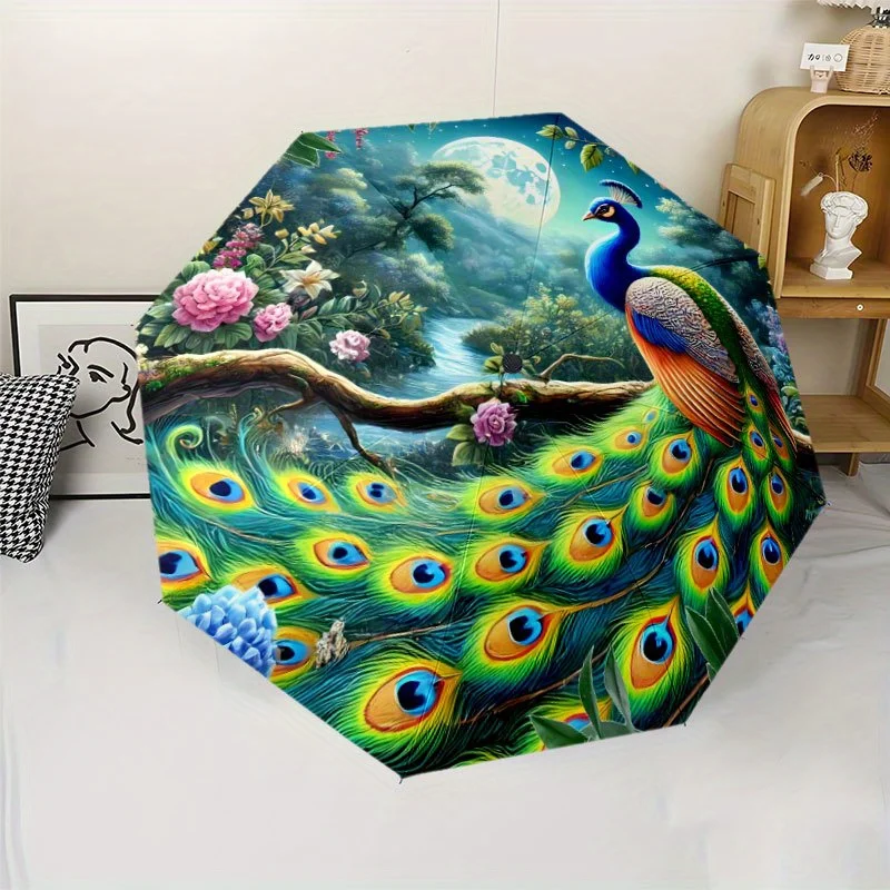 

Elegant Peacock 6 Umbrella with 8-Rib Sturdy Frame - Automatic Open, Foldable Design, Vibrant Peacock & Floral Print, Durable
