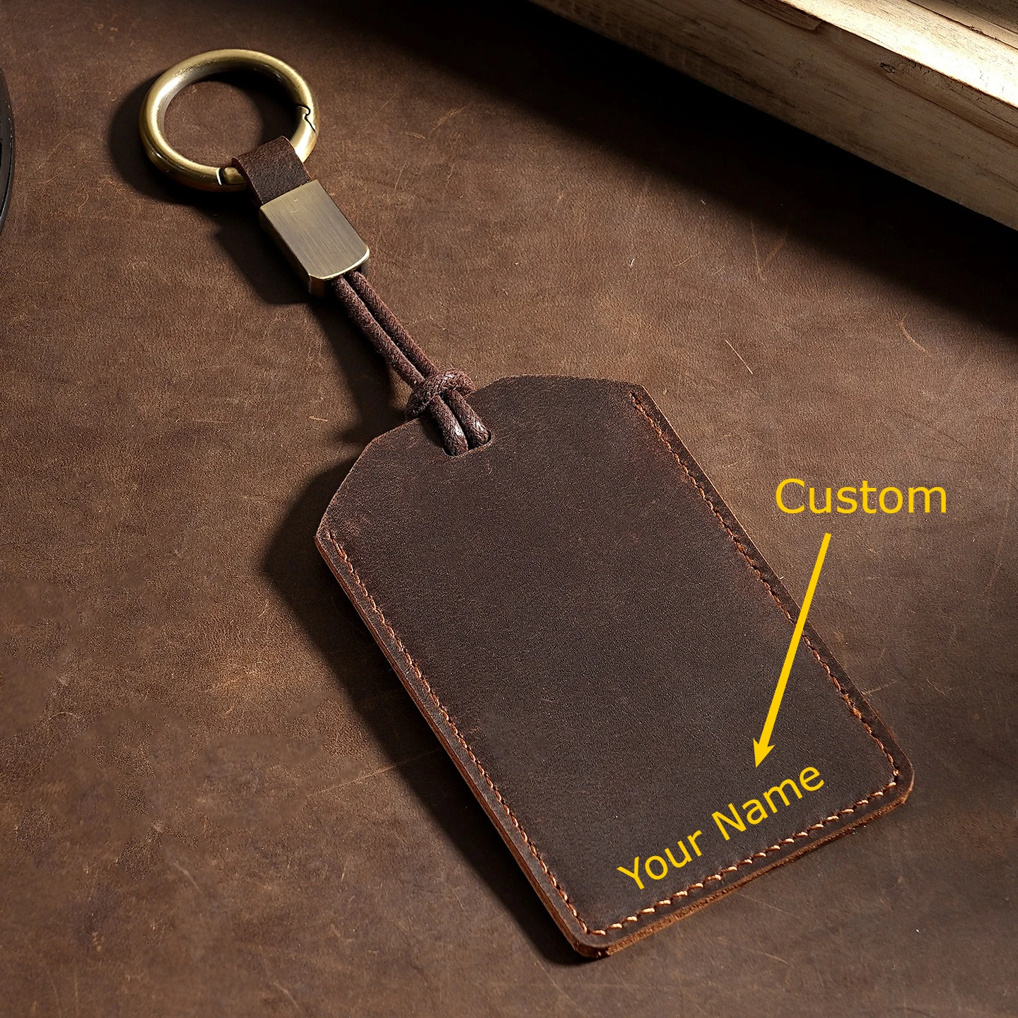 

Personalized Custom Engraved Crazy Horse Leather Keychain Card Cover Ultra thin Induction Protective Card Holder Bus Meal Card