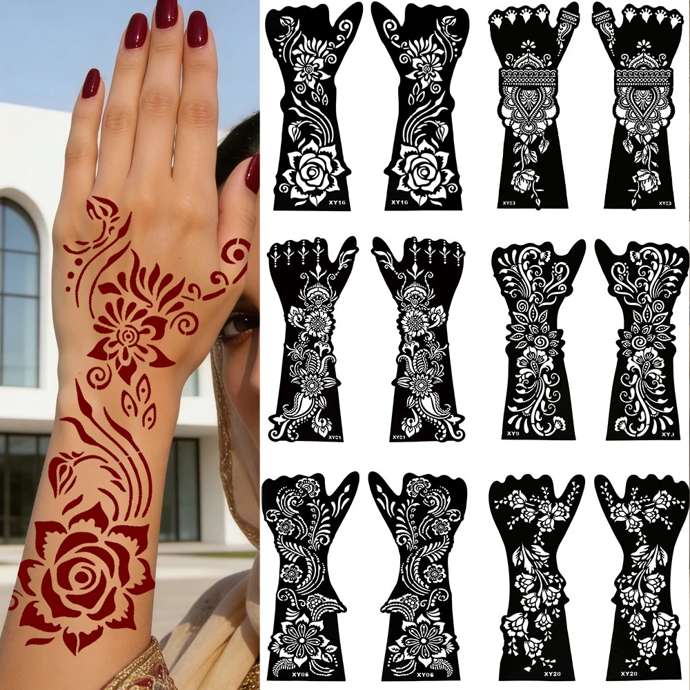 2 Sheets Reusable Henna Stencils Moon Flower Pattern Henna Tattoo Template Women Hand Decor for Festival Body Painting Mehndi
