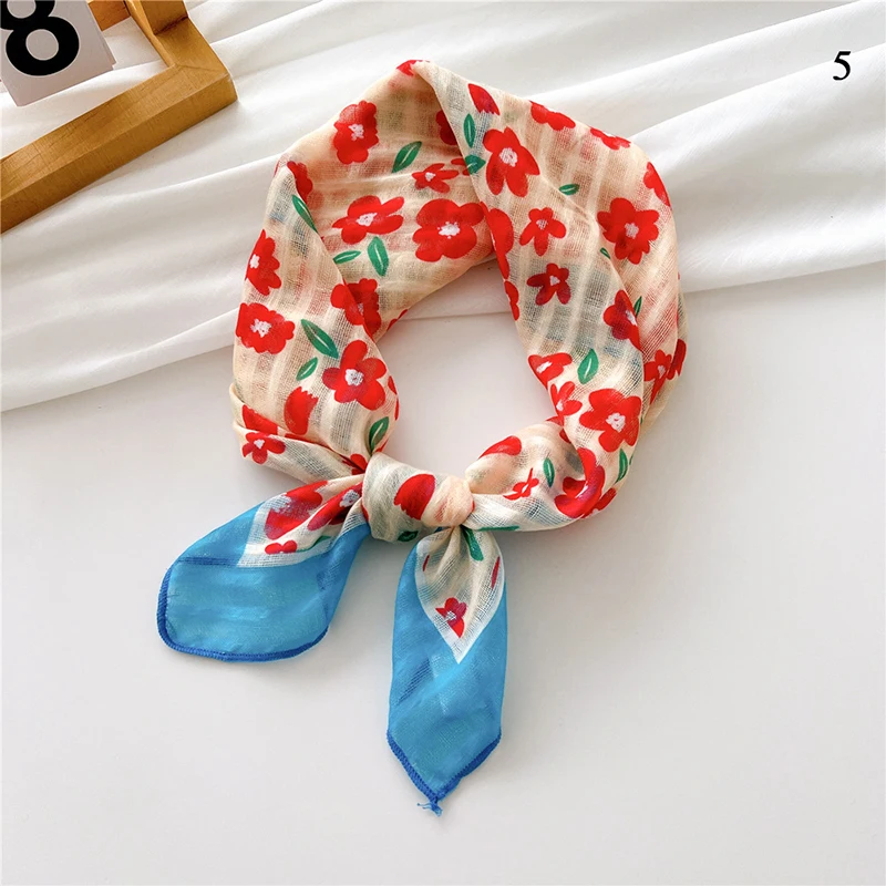 Cotton Linen Neck Scarf For Women Colorful Floral Handkerchief Small Shawls Office Lady Head Neck Tie Female Bag Scarves Decor