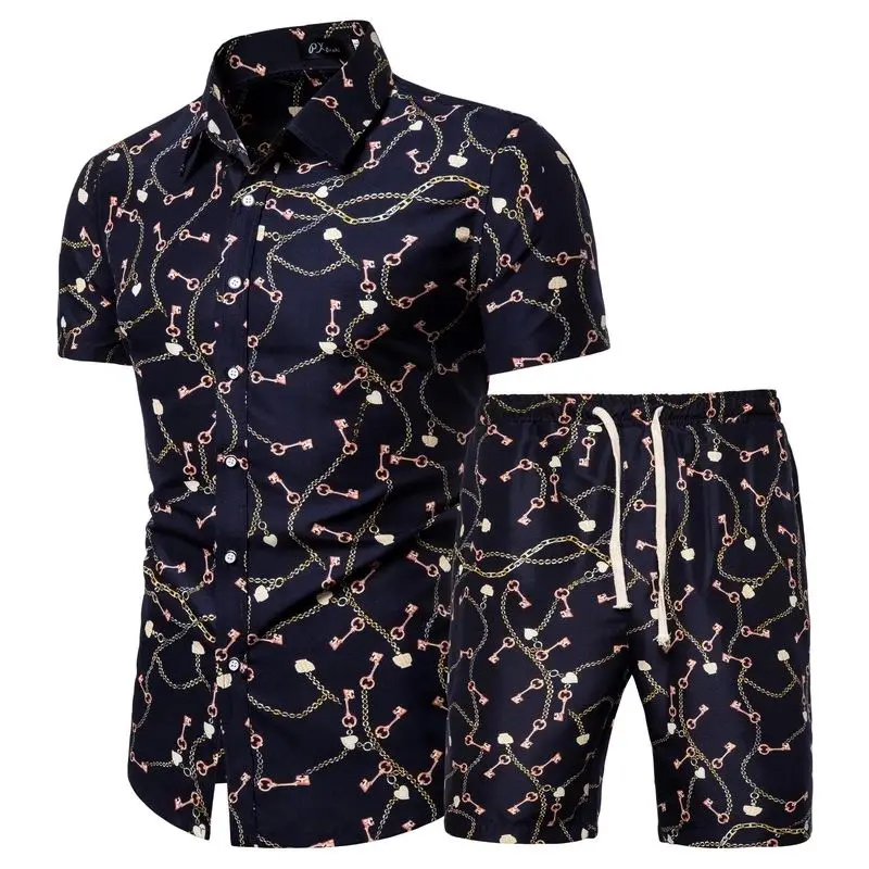 Hawaiian Shirt Men Luxury Beach Outfits 3D Print Short Sleeve Lapel Button Down Shirt + Drawstring Shorts Male Clothes Sets