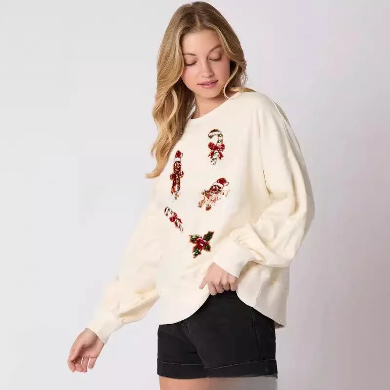 Automne hiver nouveau Sle transfrontalier femmes décontracté longue Sve Cisas pain d'épice homme paillettes Sweat petit haut pour les femmes