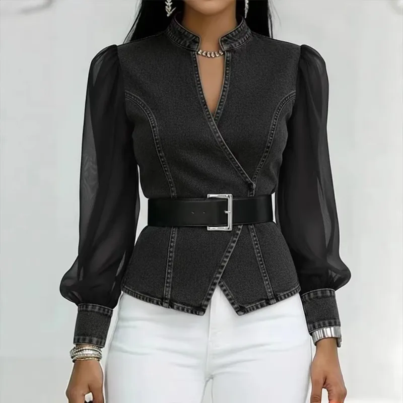 Women's Vintage  Denim Shirt Top 2026 Spring V-Neck Patchwork Sheer Sleeves Blouse Office Casual Streetwear Chic Blouse