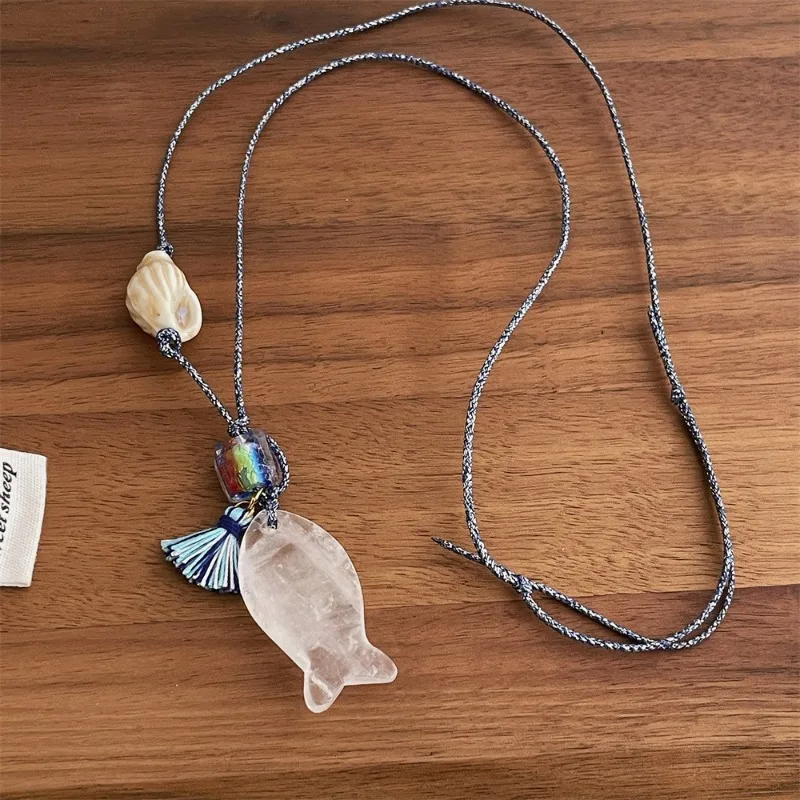 Minar Statement-Halsketten mit Naturstein, Fischglasperlen, geflochtenen Quasten und Trompetenmuschel-Anhänger für Damen, verstellbare Seilkette