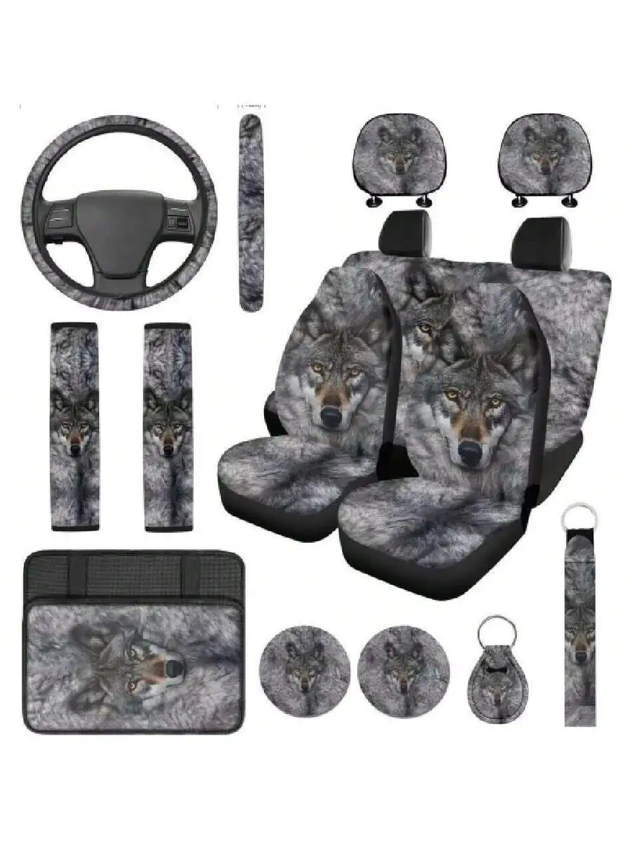 

14pcs Wolf Print Car Seat Cover Set Steering Wheel Cover Armrest Pad Headrest Covers Seat Belt Covers Universal Fit