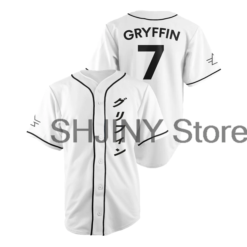 Gryffin Jersey White Katakana Baseball Jacket Shirts V-Neck Short Sleeve Tee Women Men Streetwear Tops Hip Hop Clothes