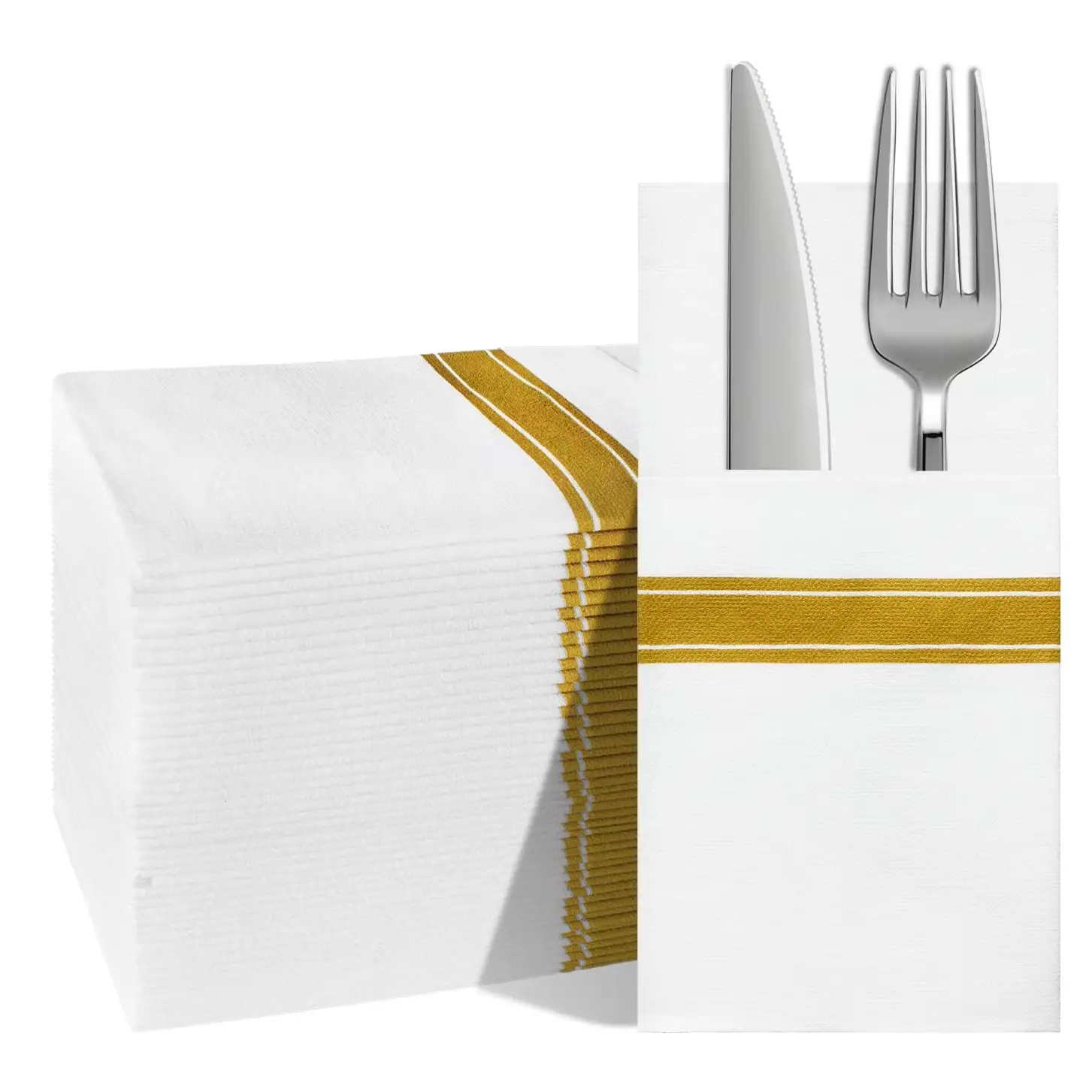 JINYUDOME Taschentücher Einweg, mit integriertem Besteck, Ramadan Kareem Gold-Druck mit Leinen-Optik - Gefaltete Stoffähnliche Papierservietten