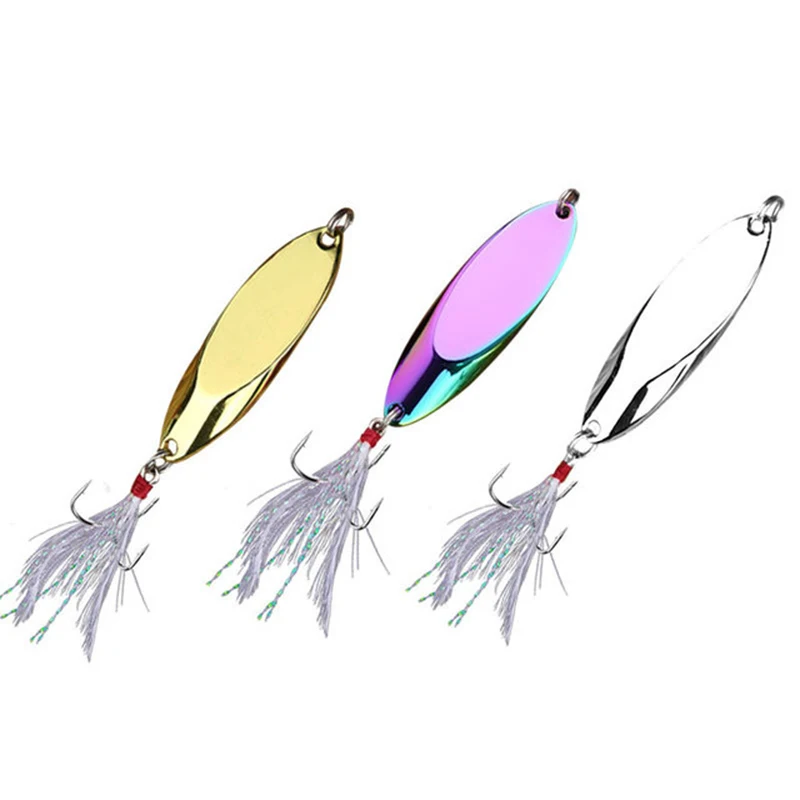 1pc 2.5g-35g Metal Spoon Lure Sharp Treble Hook Feather Hard Baits Sequins Artificial Bait Freshwater Spinner Fishing Tackle