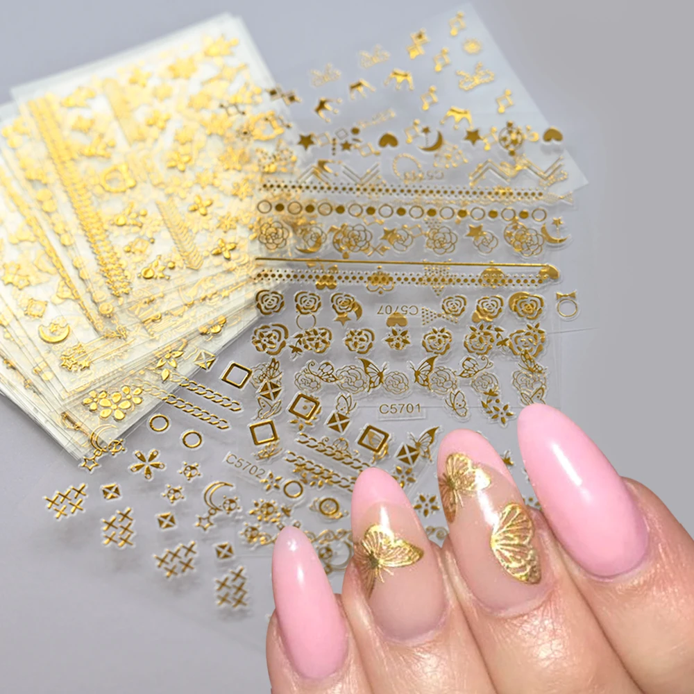 30Pcs/set Bronzing Nail Stickers Gold Star Feathers Nails Decorative Hollow Butterfly/Flowers/Moon/Geometric Nail Decals Slider*