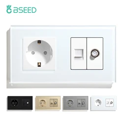BSEED EU Standard Wall Socket With PC ST Socket Crystal Glass Panel White Black Golden CAT5 Internet Satellite Power Sockets