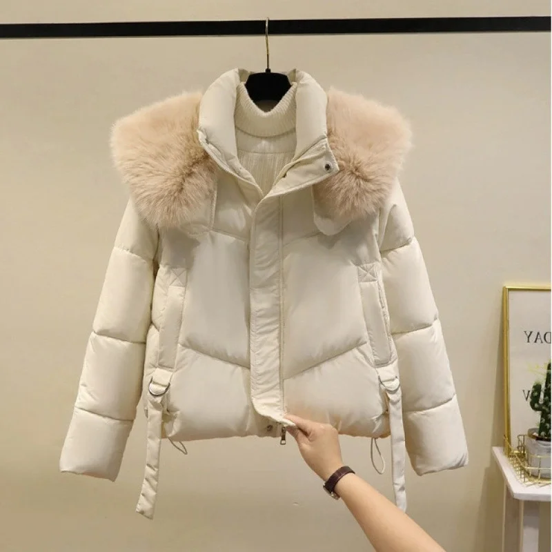 Winter Women Parkas New Fashion Loose Thick Cotton Jacket Imitation Fur Collar Hooded Short Down Cotton Jacket Female Outerwear