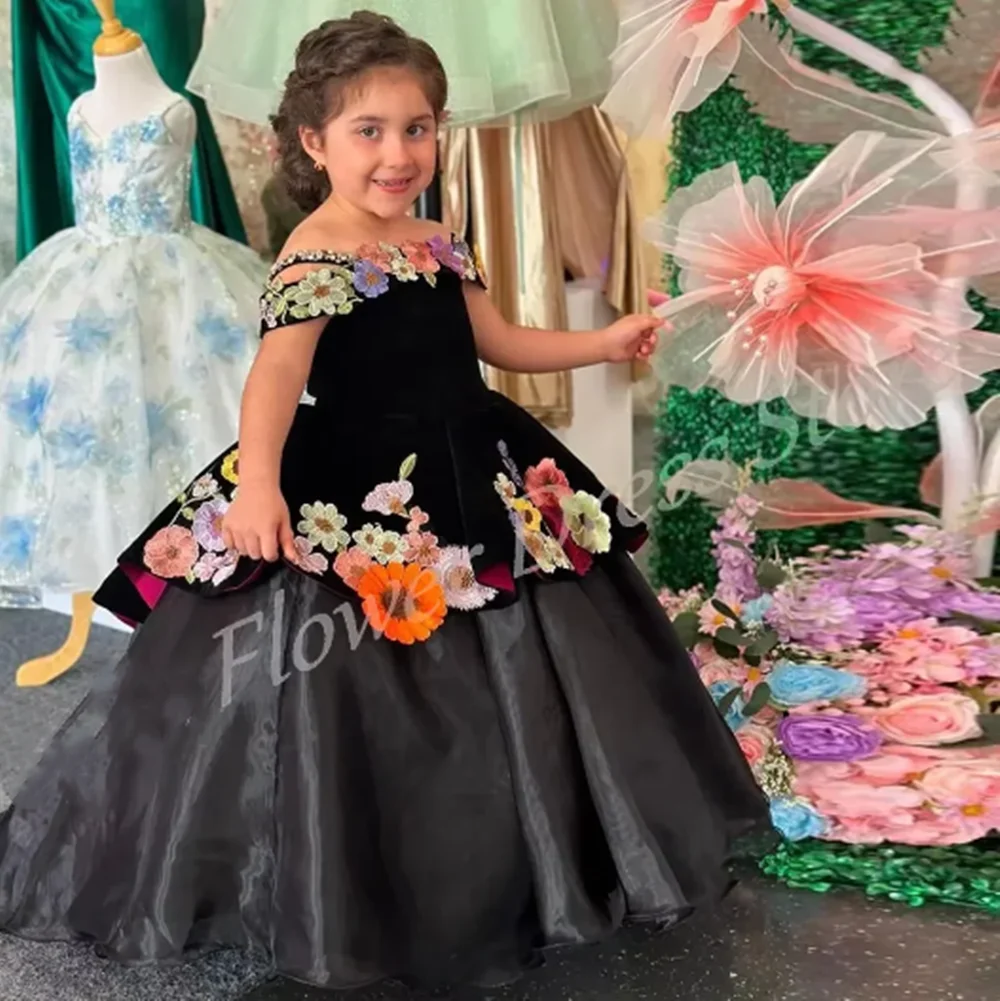 Vestidos morados con hombros descubiertos hasta el suelo para niña, vestidos de flores con apliques de encaje Floral, vestidos de primera comunión personalizados