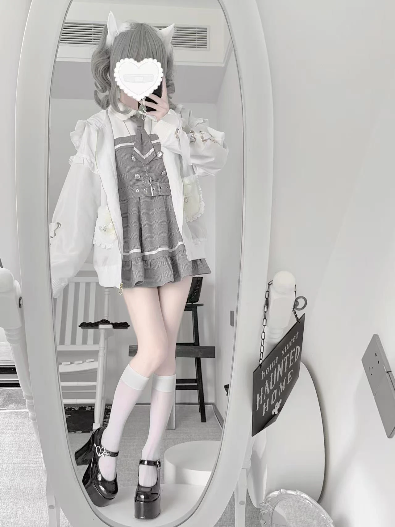 Original Japanese Mass-Produced Y2K Rabbit Ears Hooded Jacket Autumn New Girls' Loose Slimming Black White Jacket Kawaii Coat